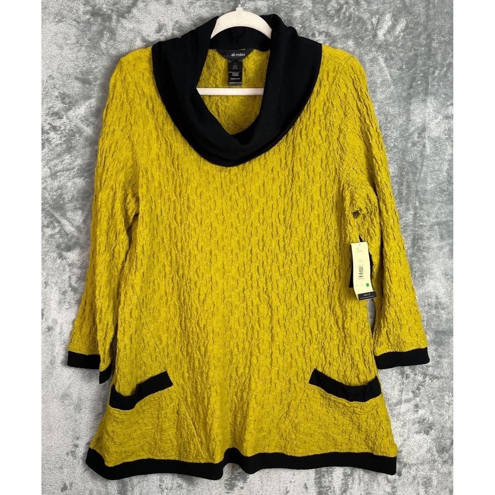New Ali Miles Tunic Top Womens Large Green Crinkle Texture Cowl Neck Art to wear